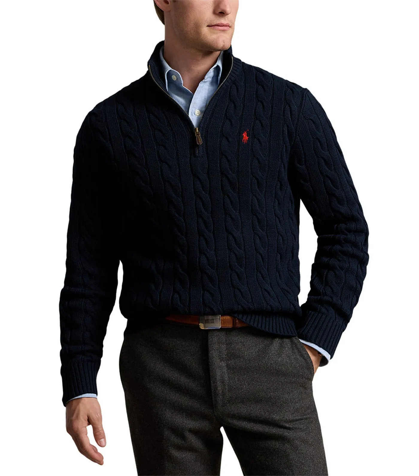 Men's Cable-Knit Cotton Sweater Hunter Navy