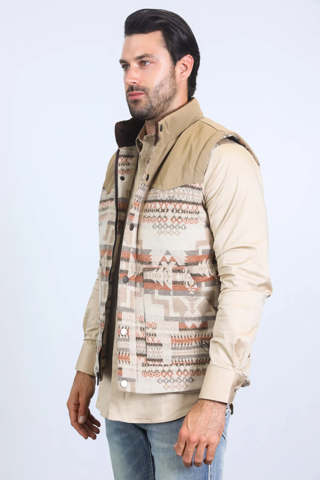 Mens Ethnic Aztec Quilted Fur Lined Beige Vest