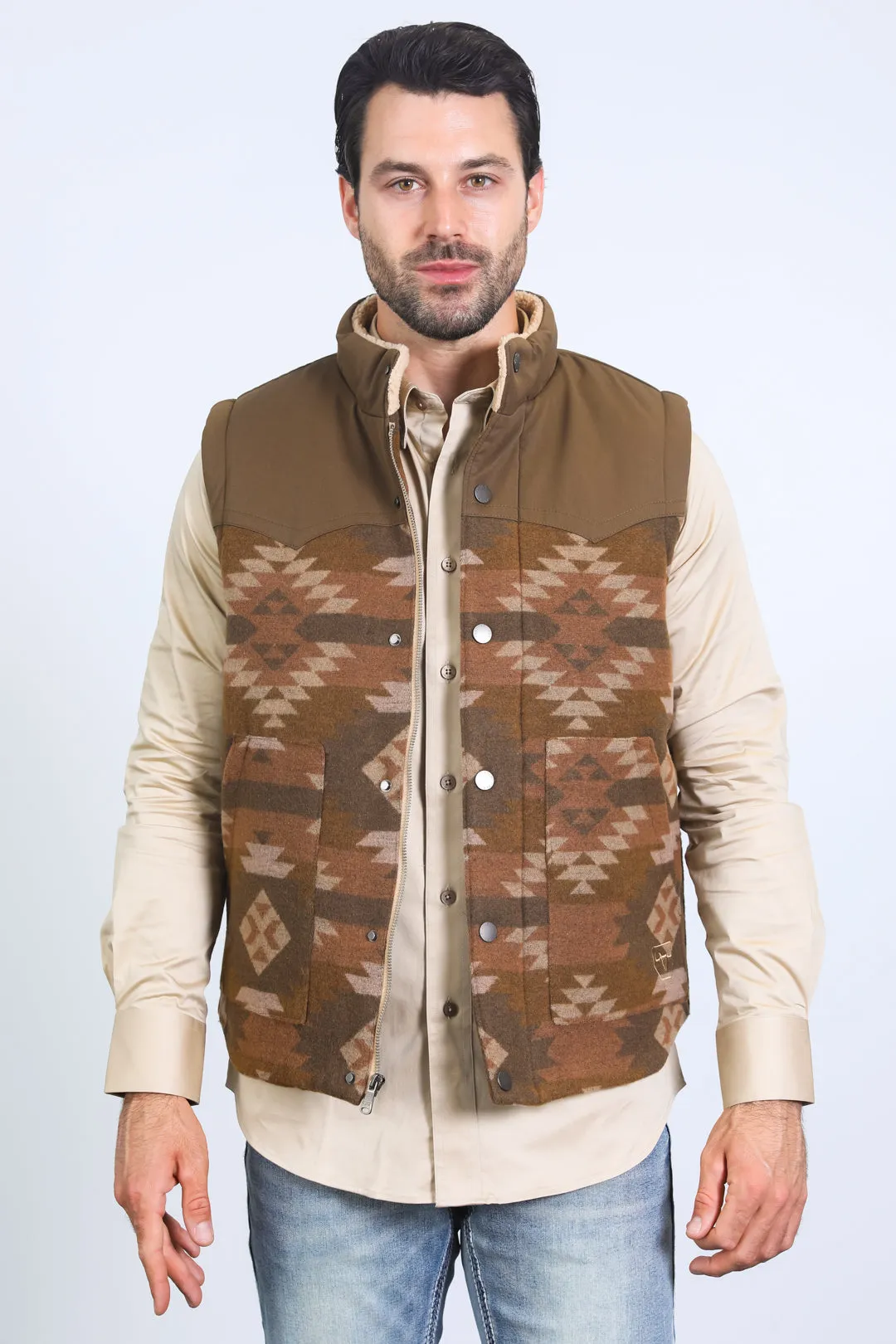 Mens Ethnic Aztec Quilted Fur Lined Brown Vest