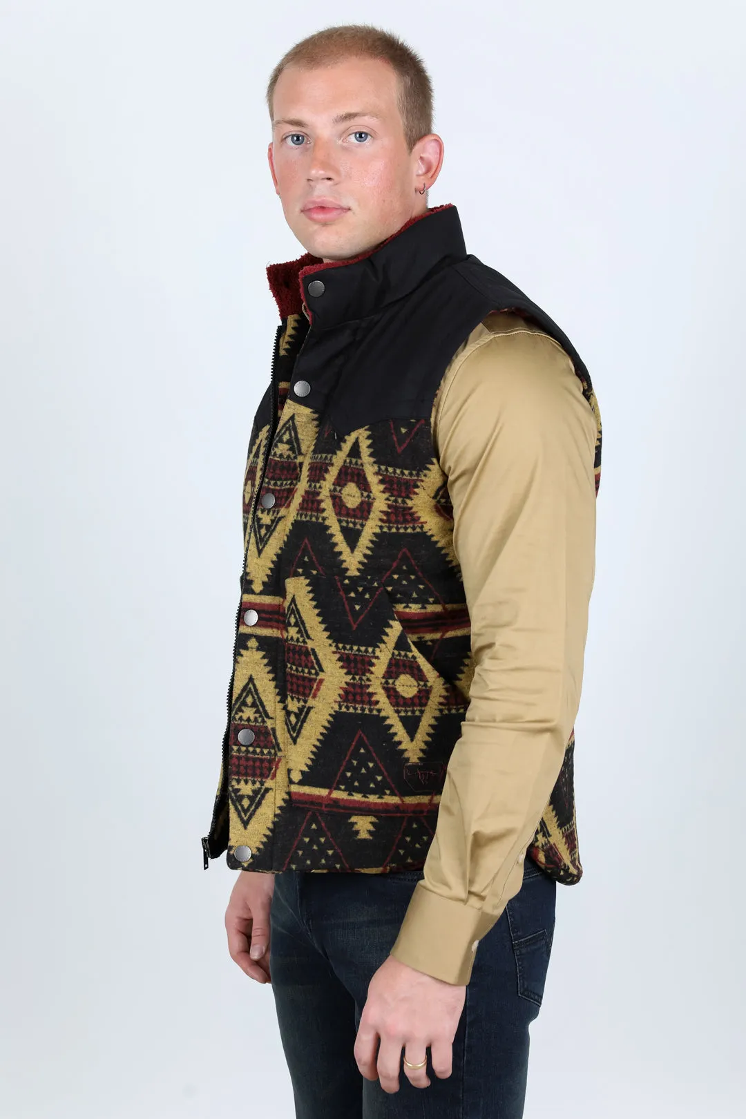 Mens Ethnic Aztec Quilted Fur Lined Vest - Black/Gold