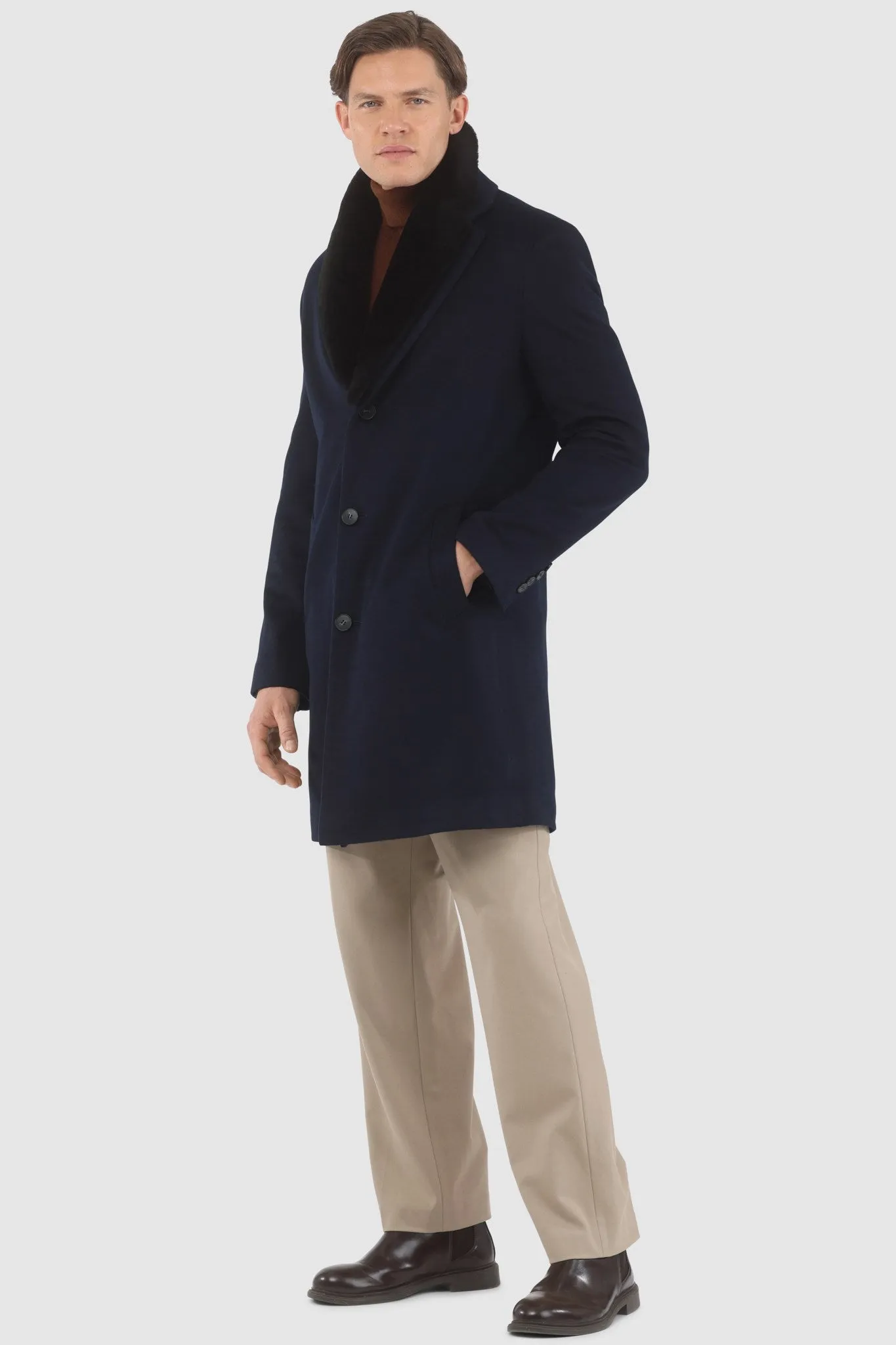 Men's Loro Piana Cashmere Short Coat with Detachable Select Shearling Lamb Collar