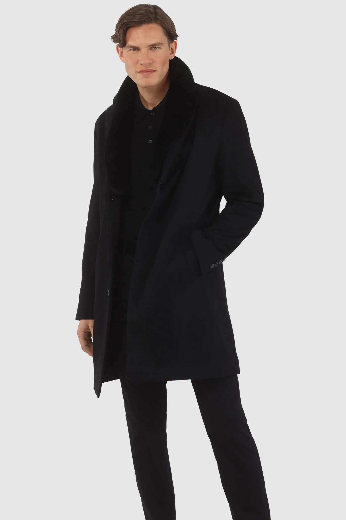 Men's Loro Piana Cashmere Short Coat with Detachable Select Shearling Lamb Collar