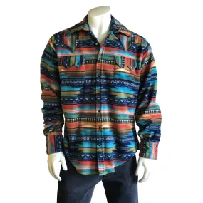 Men's Serape Pattern Fleece Western Shirt in Navy & Blue