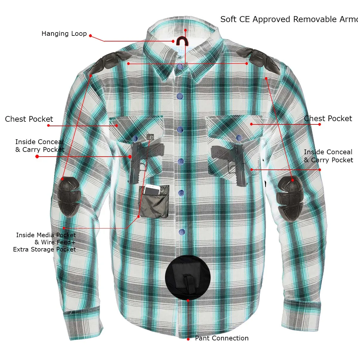 Milwaukee Leather MPM1646 Men's Plaid Flannel Biker Shirt with CE Approved Armor - Reinforced w/ Aramid Fiber