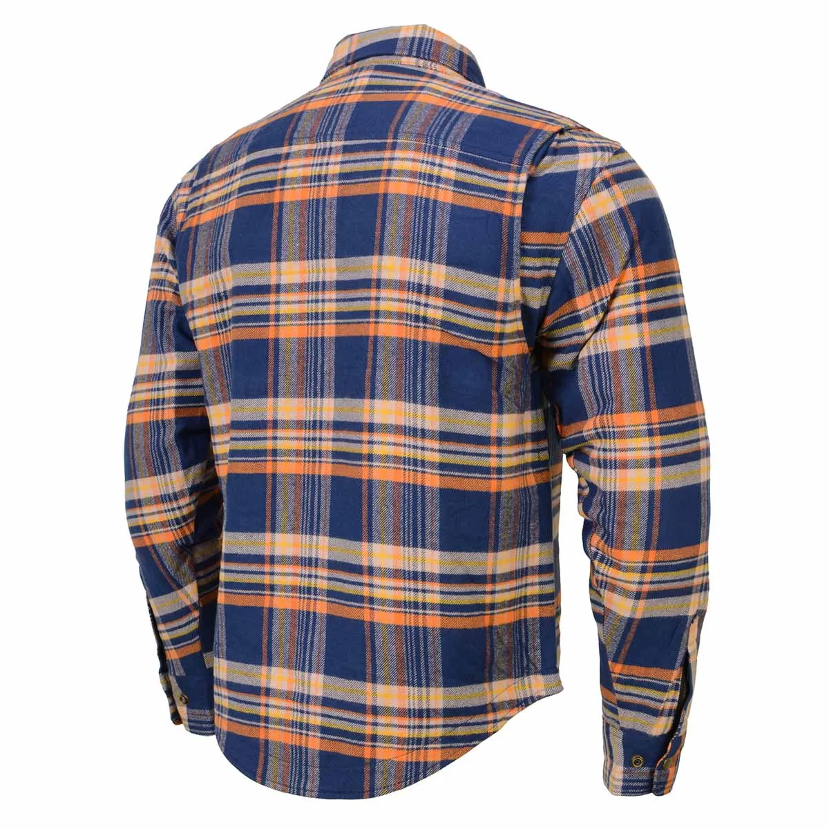 Milwaukee Leather MPM1656 Blue and Orange Flannel Biker Shirt for Men with CE Armor - Reinforced w/ Aramid Fiber