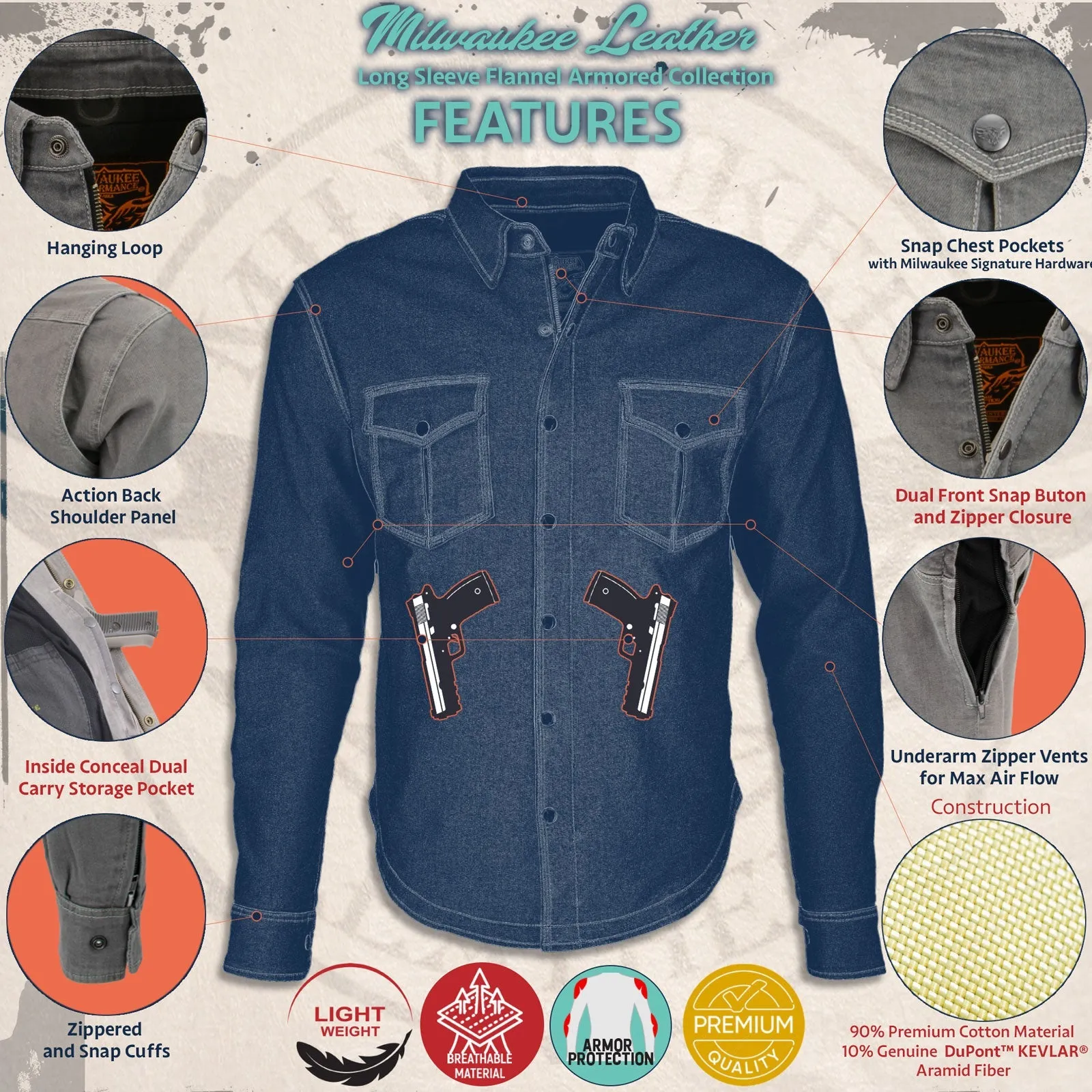 Milwaukee Leather MPM1656 Blue and Orange Flannel Biker Shirt for Men with CE Armor - Reinforced w/ Aramid Fiber