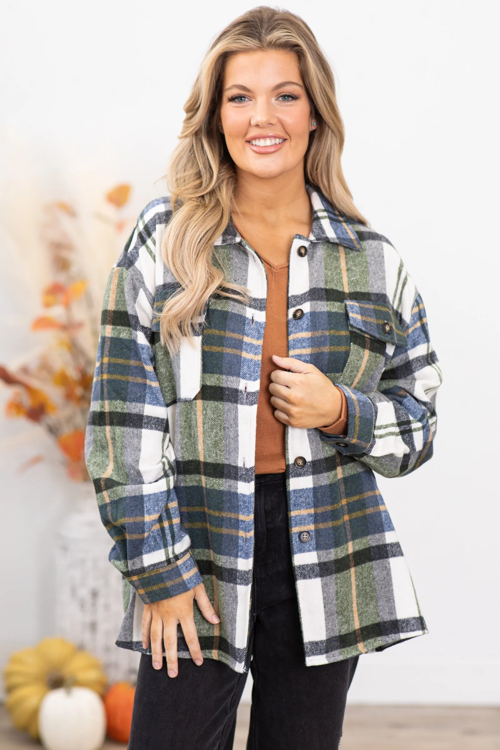 Navy and Sage Plaid Drop Shoulder Shacket