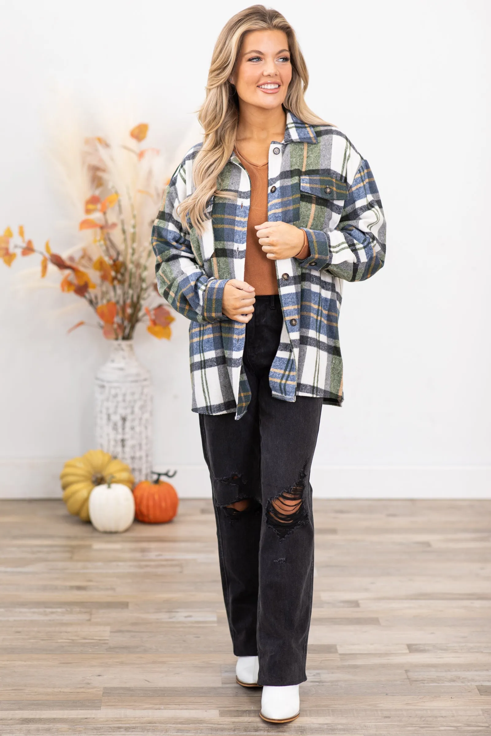 Navy and Sage Plaid Drop Shoulder Shacket