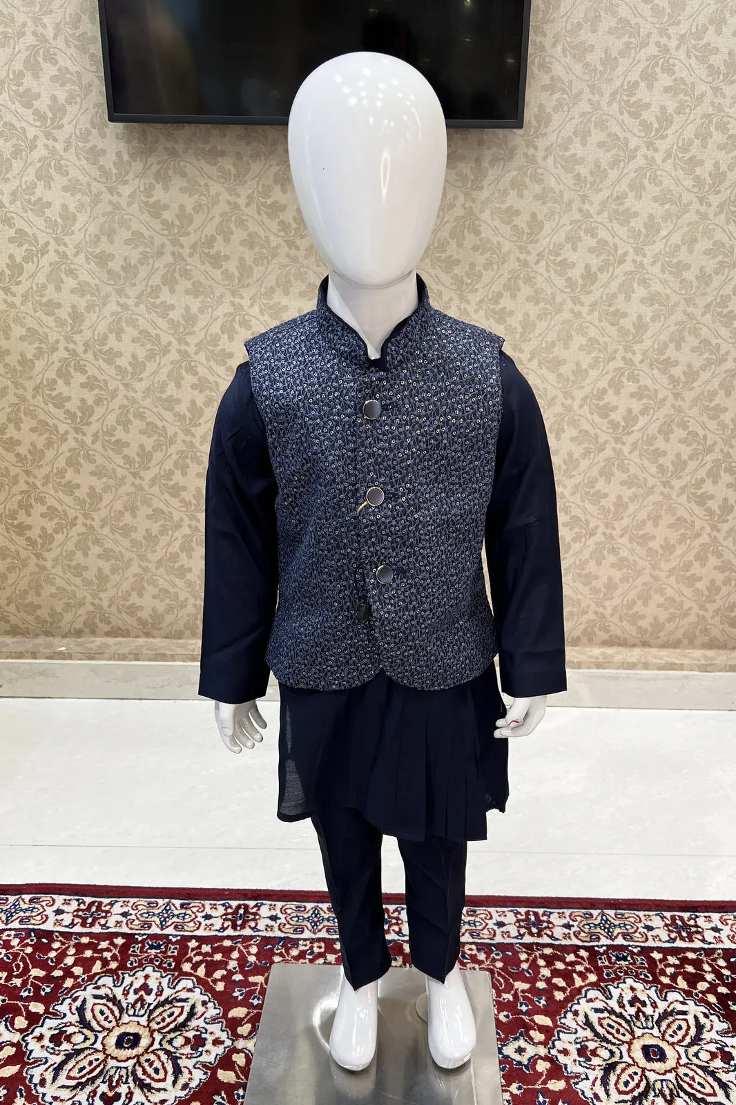 Navy Blue Embroidery and Sequins work Waist Coat Kurta Set for Boys