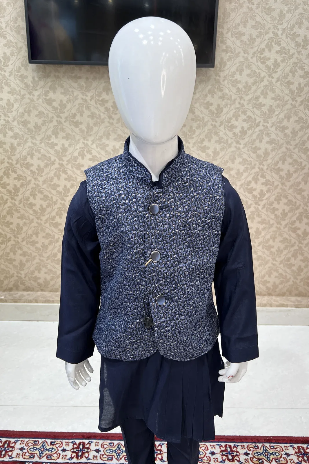 Navy Blue Embroidery and Sequins work Waist Coat Kurta Set for Boys