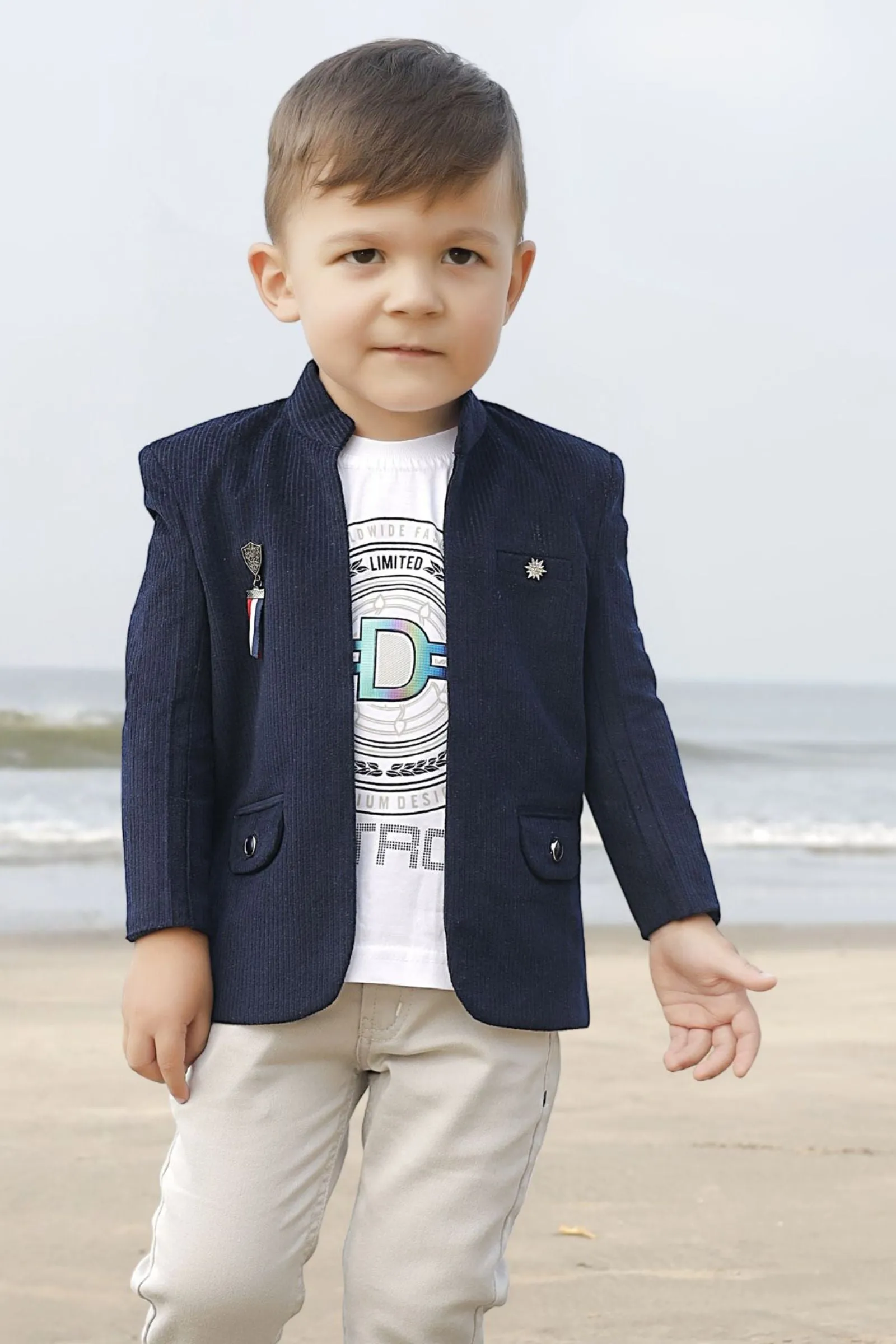 Navy Blue Waist Coat with White T-Shirt and Grey Pant Set for Boys