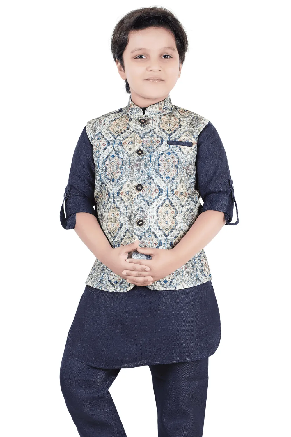 Navy Blue with Multicolor Digital Print and Thread Weaving work Waist Coat Kurta Set for Boys