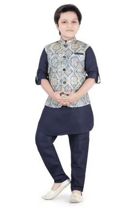 Navy Blue with Multicolor Digital Print and Thread Weaving work Waist Coat Kurta Set for Boys