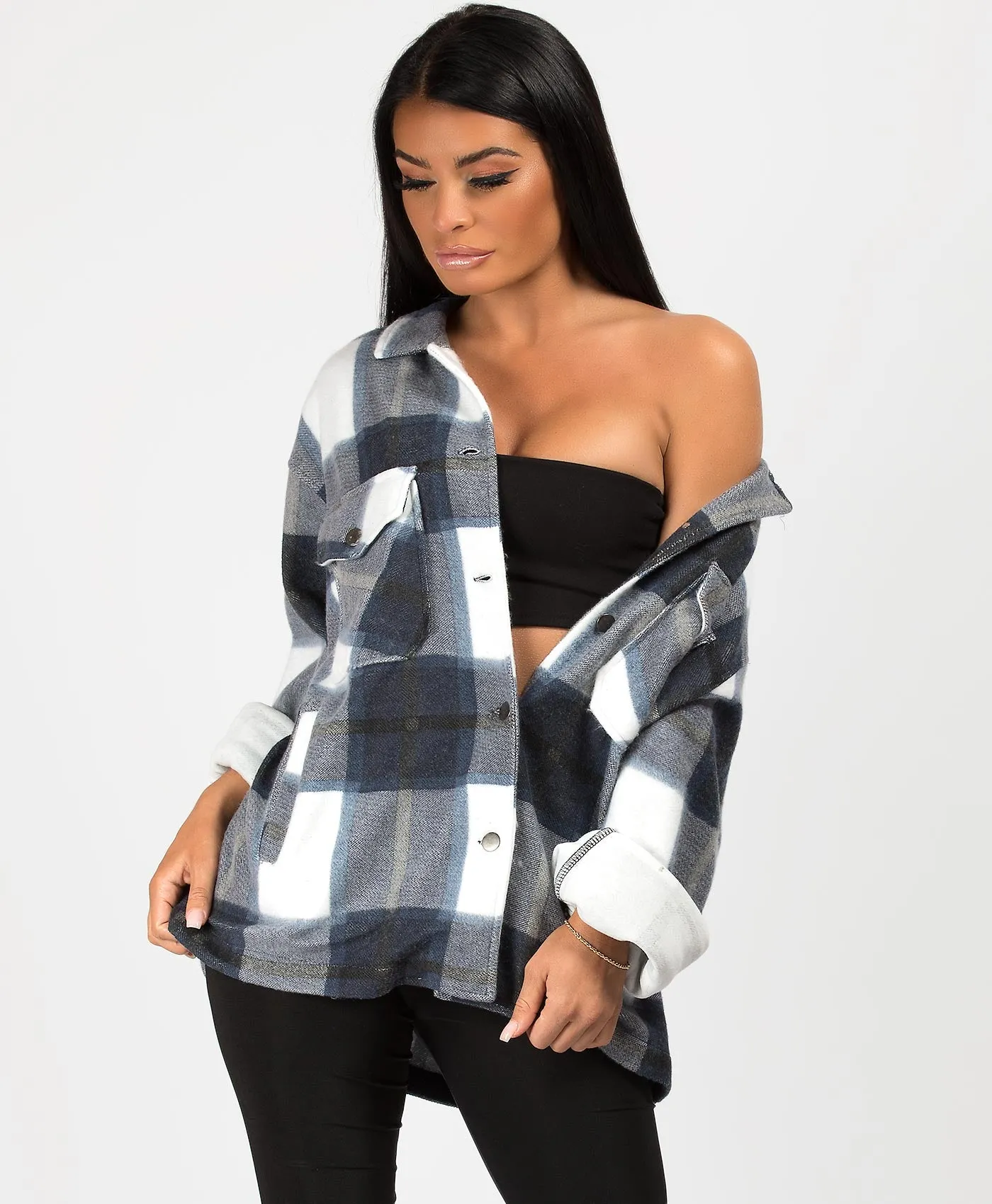 Navy Fleece Oversized Check Shirt Shacket