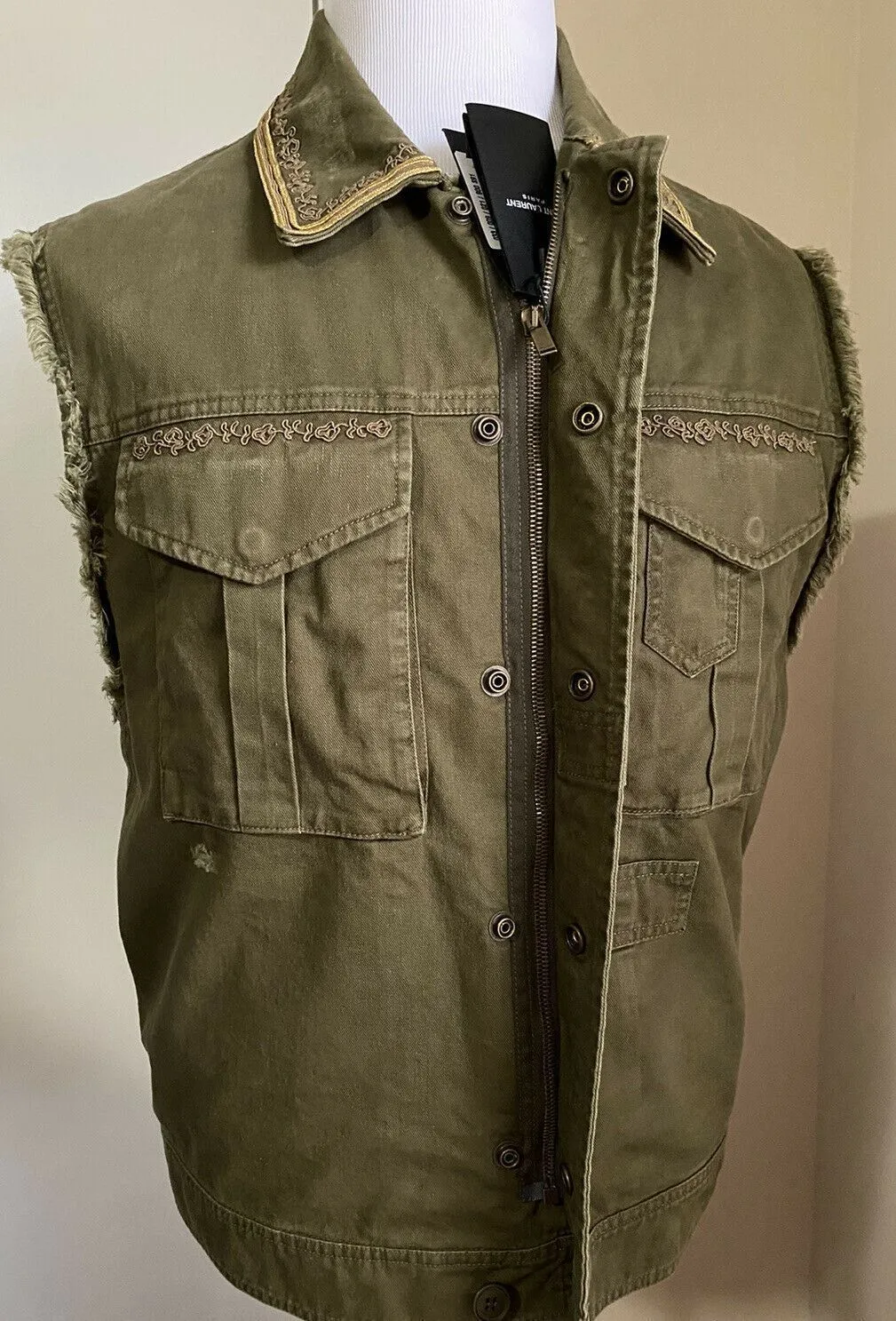 New $2290 Saint Laurent Vest Gilet Kaki/Green L ( 42 US/52 Eu ) Italy