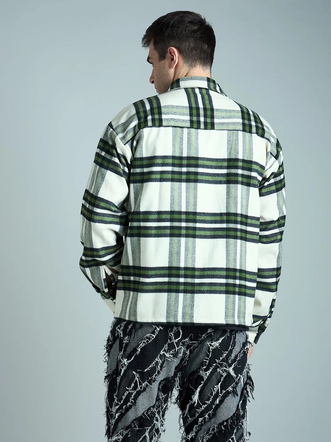 Off White & Olive Checkered Tweed OverShirt