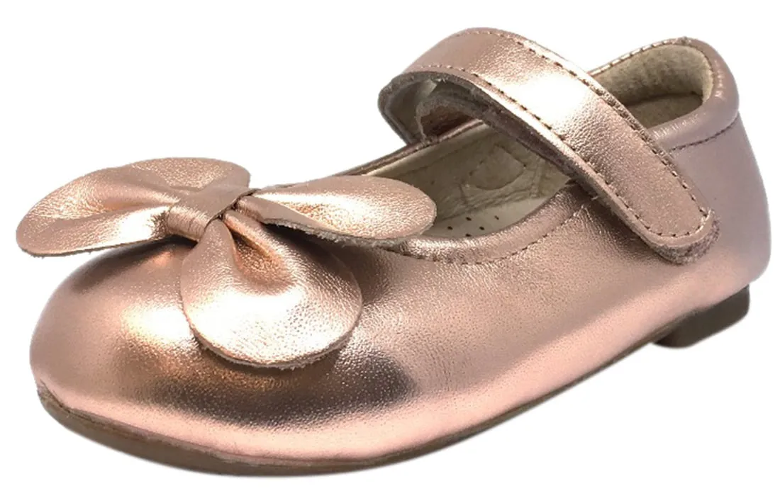 Old Soles Girl's Flower Girl Copper Metallic Leather Bow Hook and Loop Mary Jane Flat