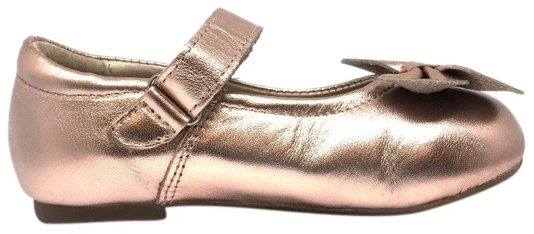 Old Soles Girl's Flower Girl Copper Metallic Leather Bow Hook and Loop Mary Jane Flat