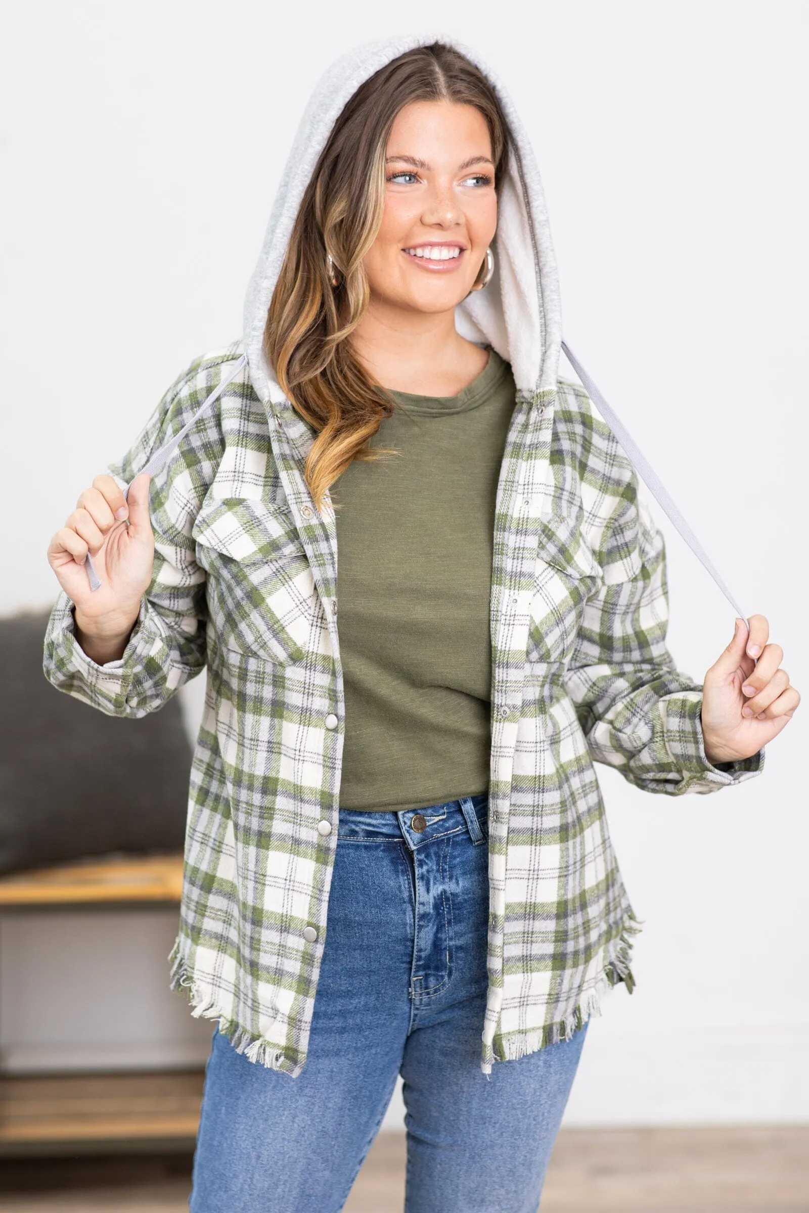 Olive and Cream Hooded Plaid Shacket