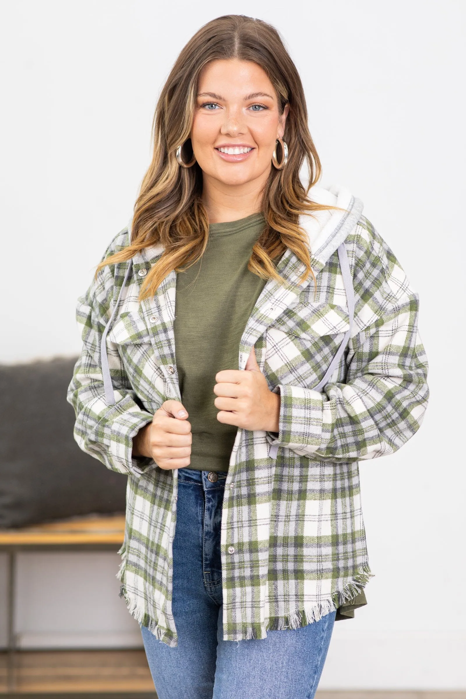 Olive and Cream Hooded Plaid Shacket