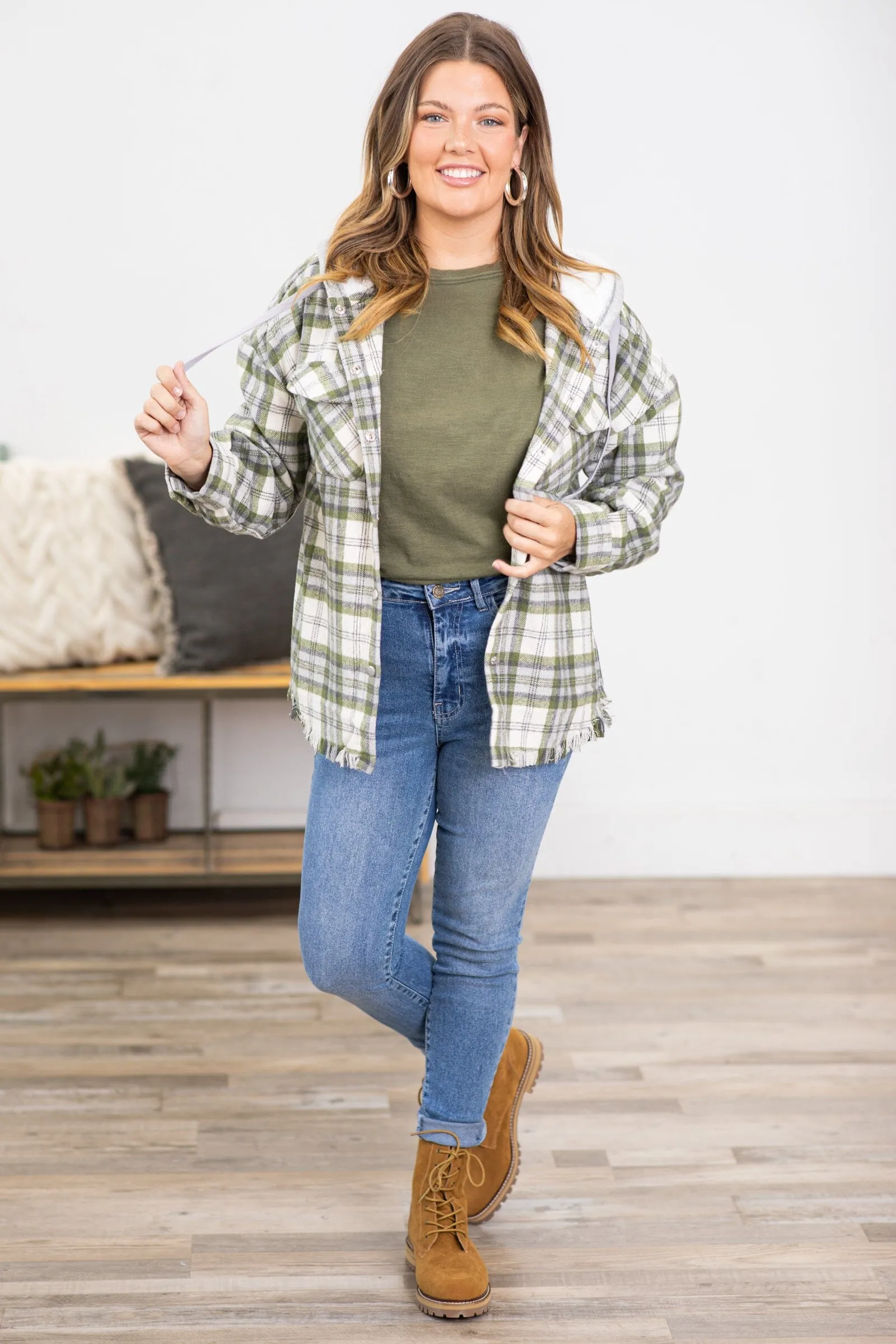 Olive and Cream Hooded Plaid Shacket