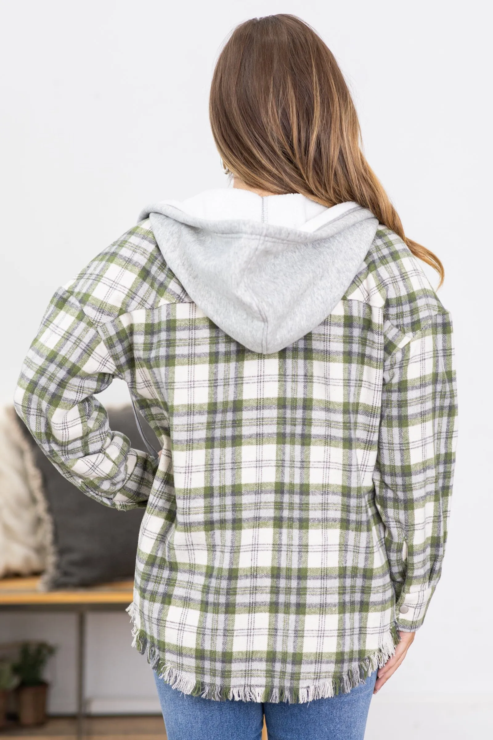 Olive and Cream Hooded Plaid Shacket