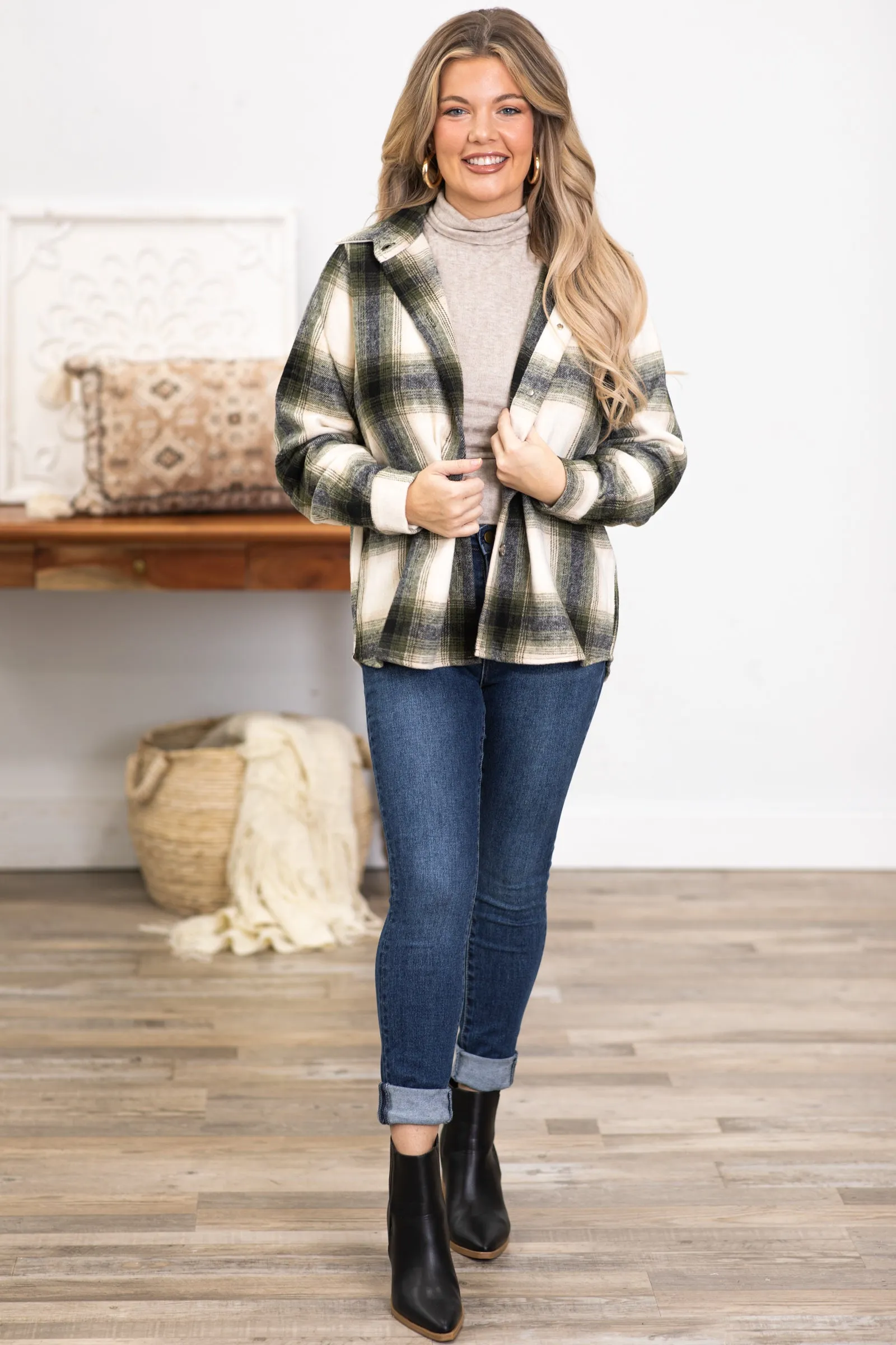 Olive and Ivory Plaid Shacket