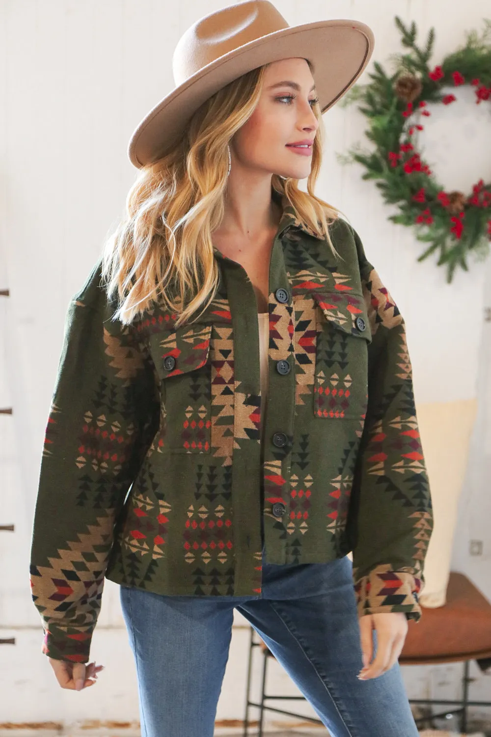 Olive Aztec Breast Flap Pocket Holiday Shacket