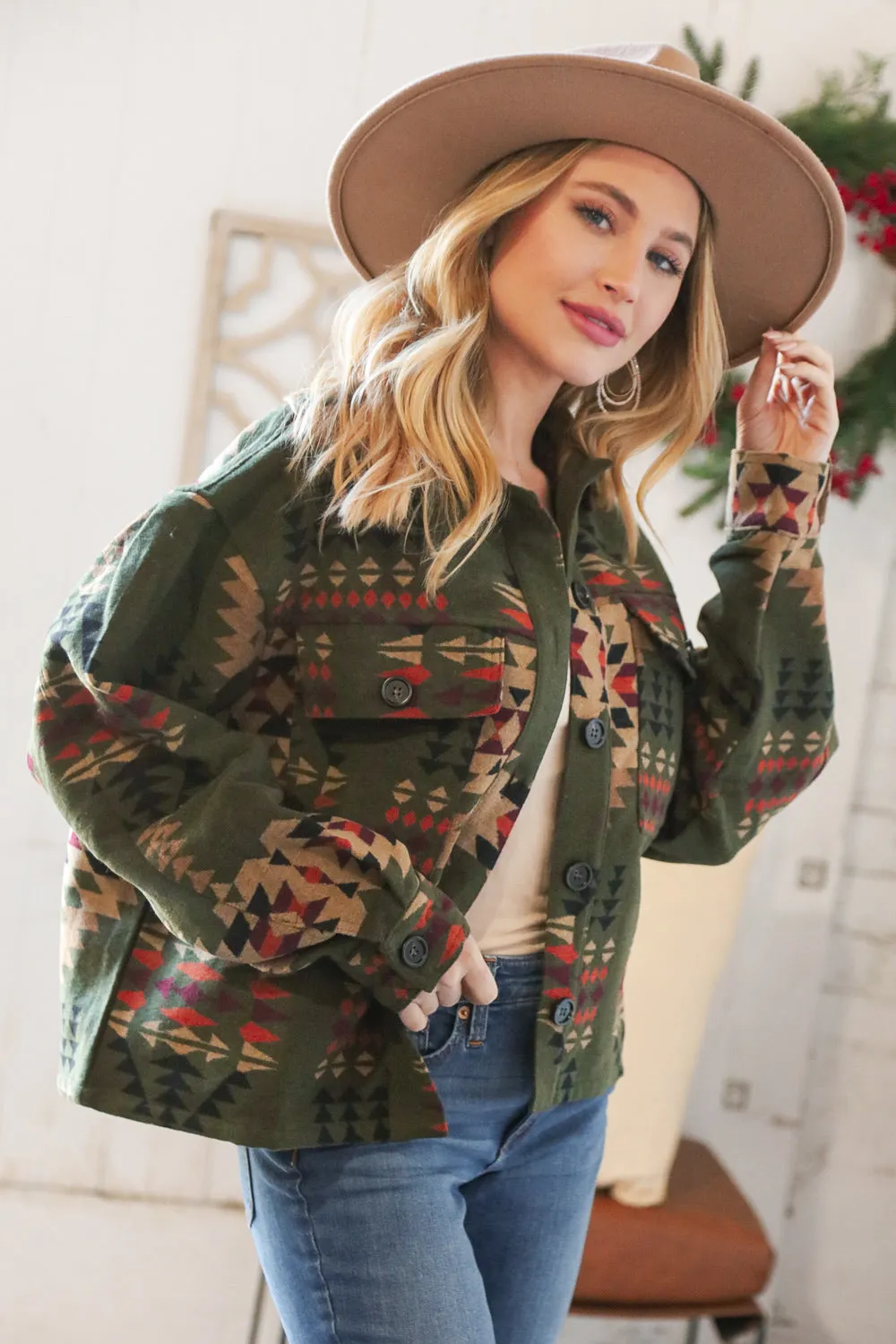 Olive Aztec Breast Flap Pocket Holiday Shacket