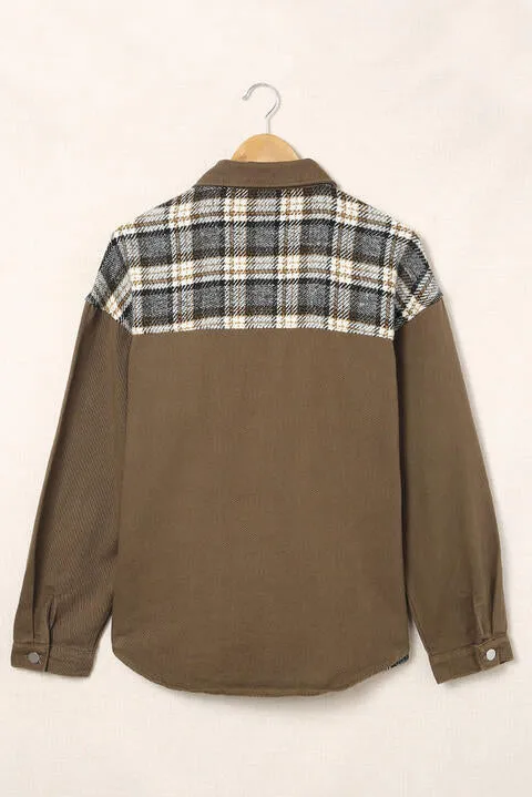 Olive Color Patchwork Plaid Rayon Shacket