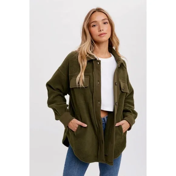 Olive Green Button Front Fleece Jacket W/ Elbow Patches & Pockets Winter Shacket