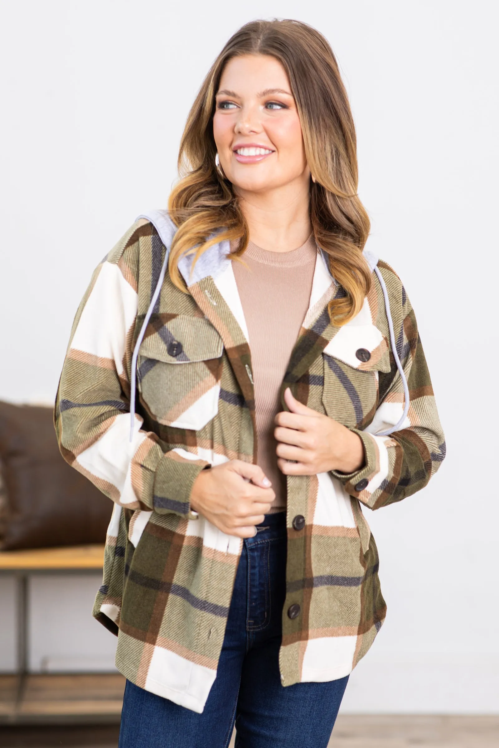 Olive Plaid Fleece Shacket With Hood