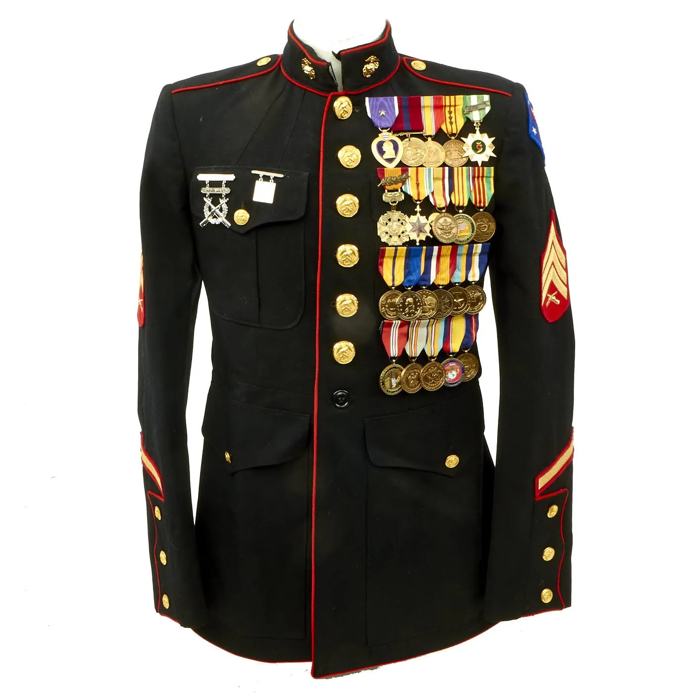 Original U.S. Marine Corps Vietnam War Identified Sergeant Wool Gabardine Coat with Medals and Honorable Discharge and Portrait