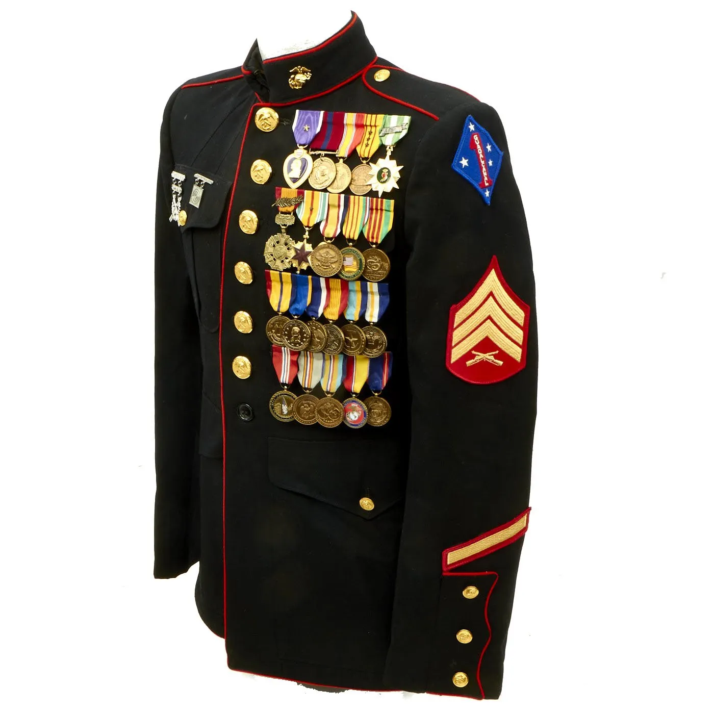 Original U.S. Marine Corps Vietnam War Identified Sergeant Wool Gabardine Coat with Medals and Honorable Discharge and Portrait