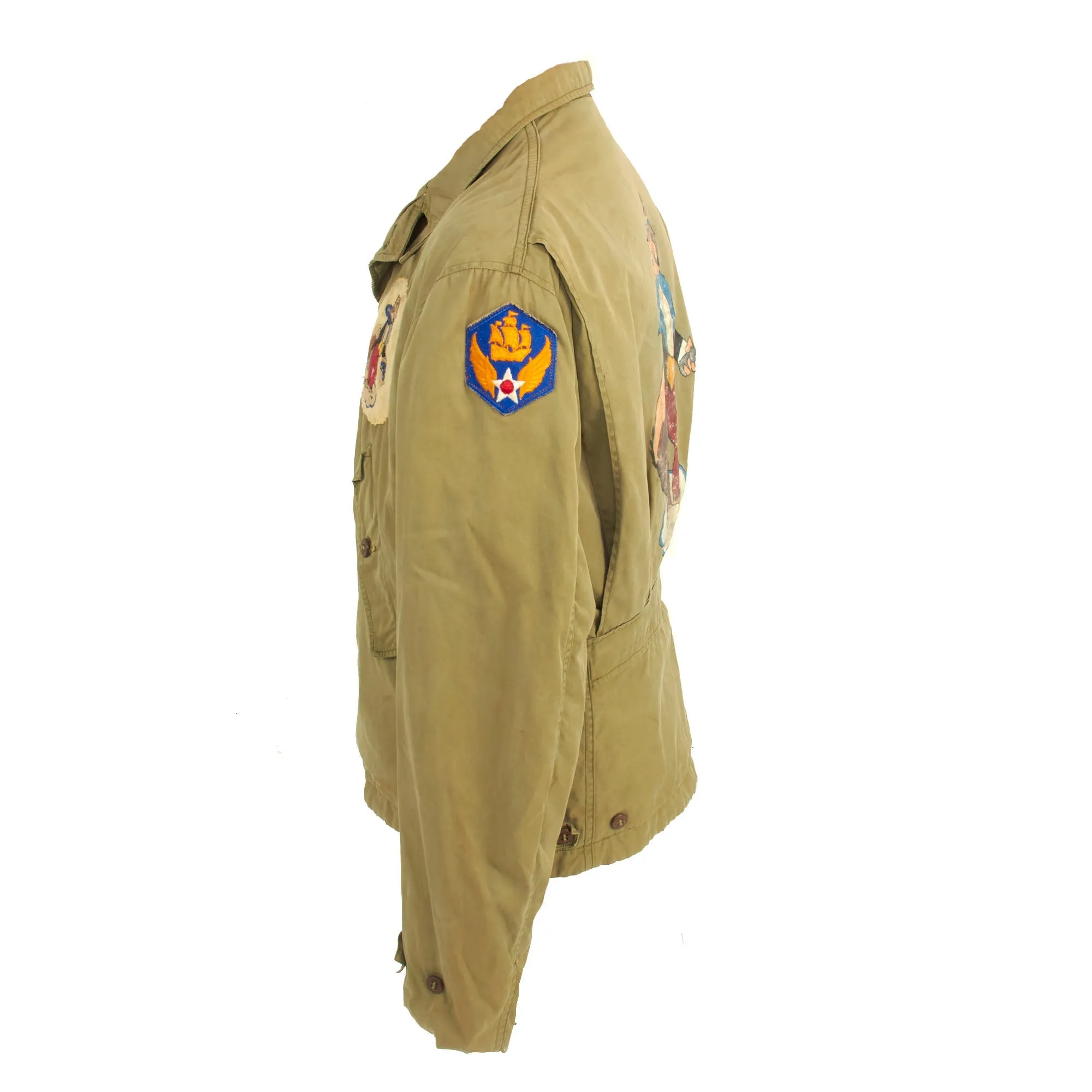 Original U.S. WWII M1941 Field Jacket With Disney 31st Fighter Squadron Patch and Painted Artwork on Reverse