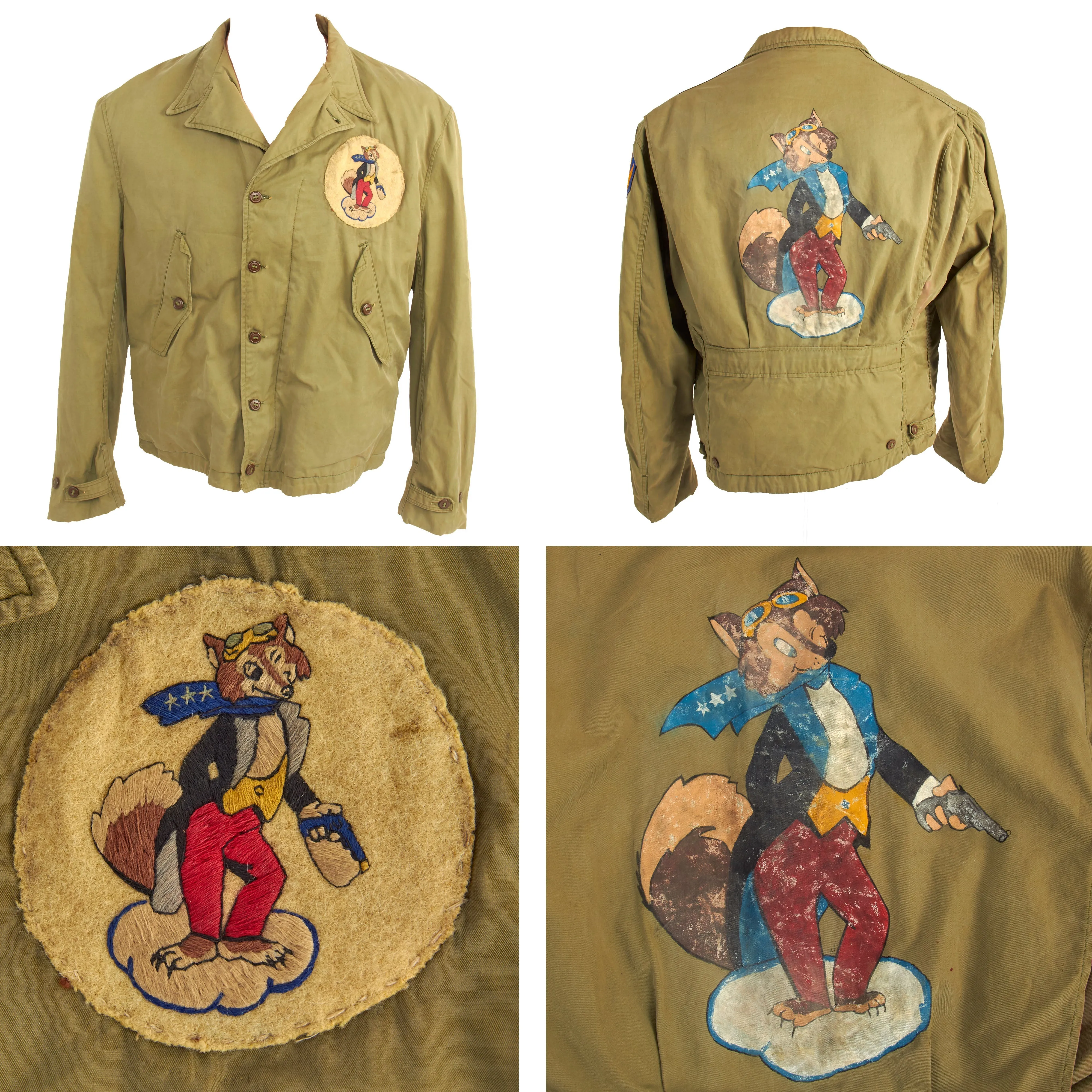 Original U.S. WWII M1941 Field Jacket With Disney 31st Fighter Squadron Patch and Painted Artwork on Reverse