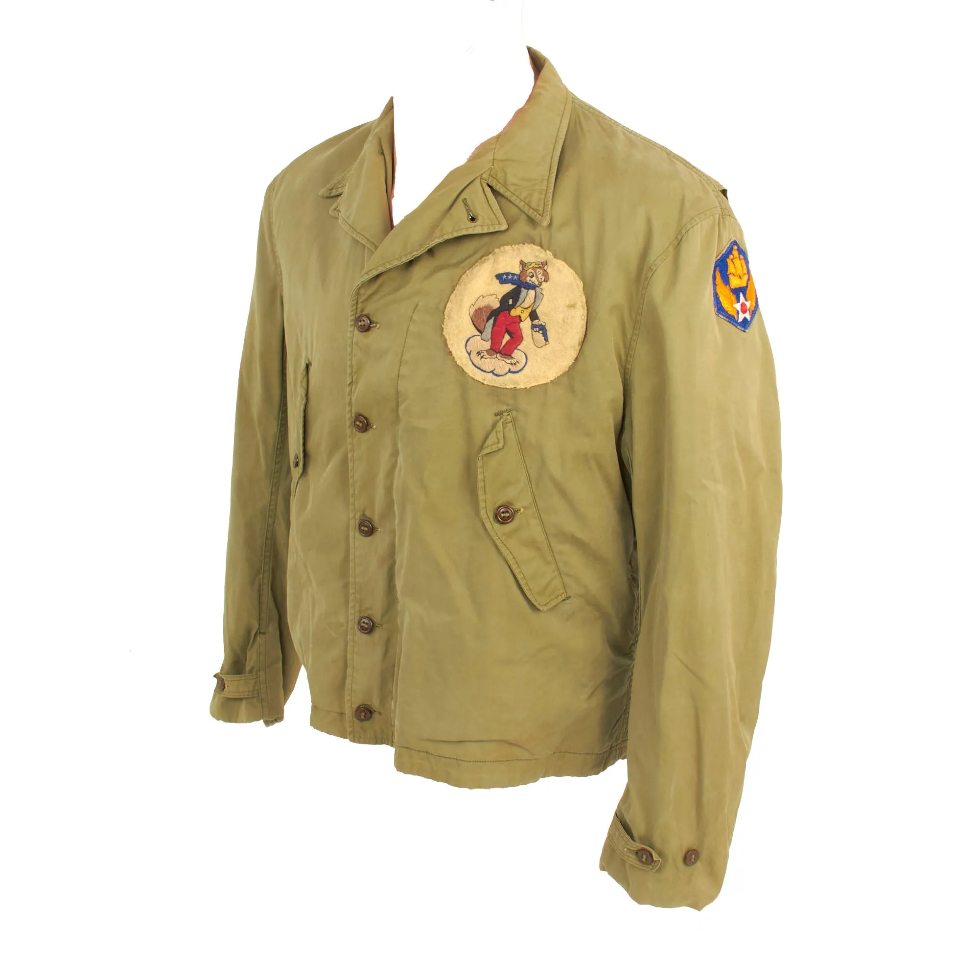 Original U.S. WWII M1941 Field Jacket With Disney 31st Fighter Squadron Patch and Painted Artwork on Reverse