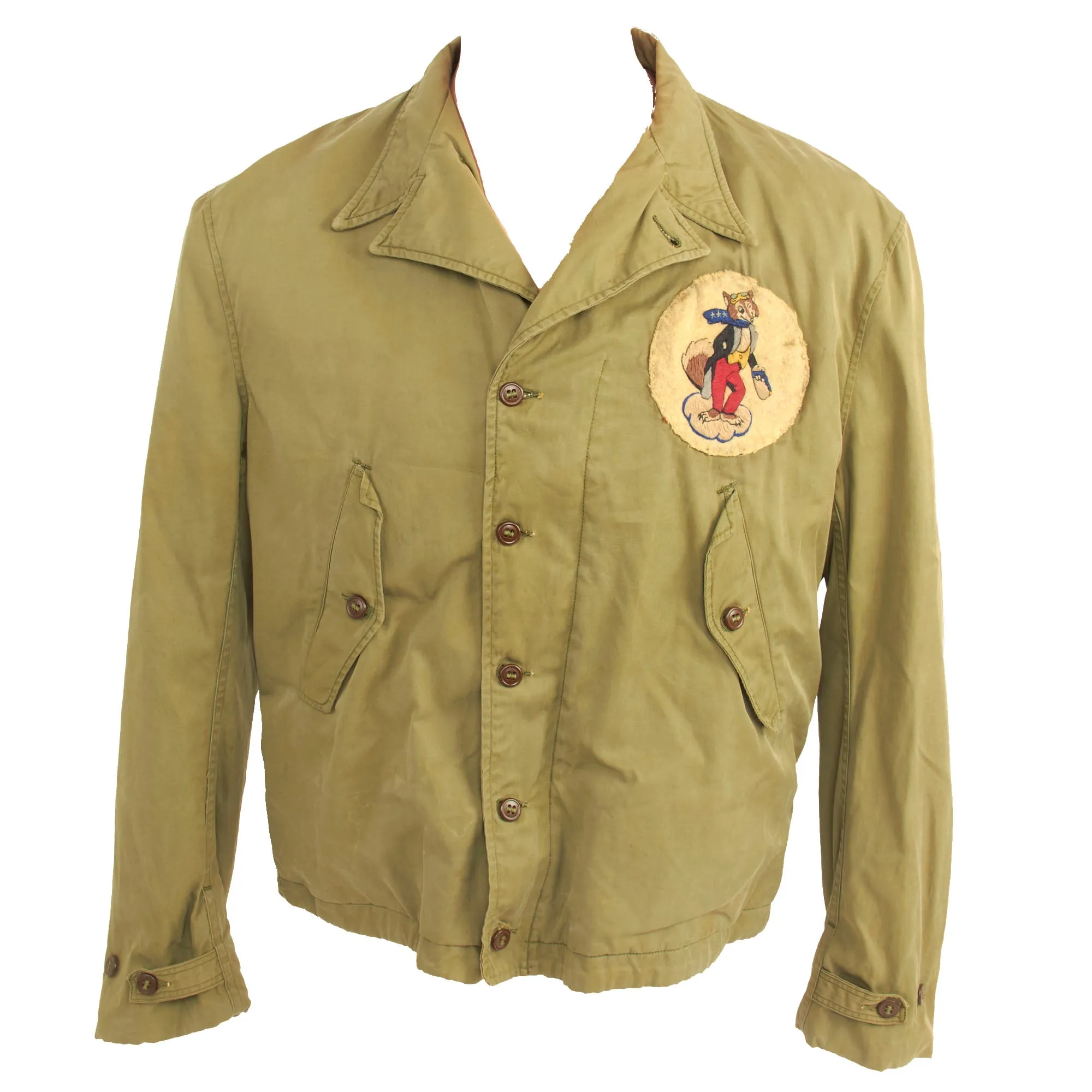 Original U.S. WWII M1941 Field Jacket With Disney 31st Fighter Squadron Patch and Painted Artwork on Reverse