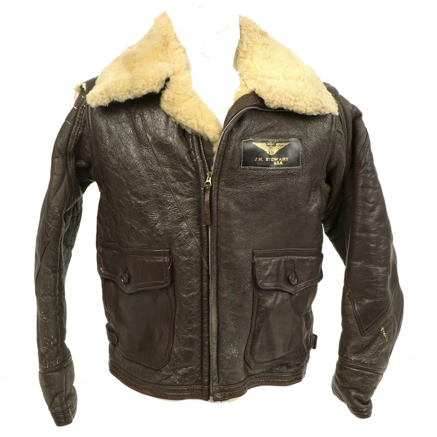 Original U.S. WWII Named Naval Aviator Sheepskin Winter Flight Jacket M-445A