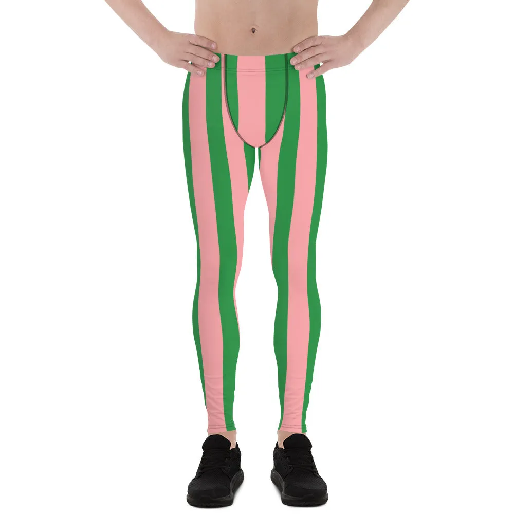 Pale Pink Green Stripes Meggings, Vertically Striped Meggings Running Tights-Made in USA/EU/MX