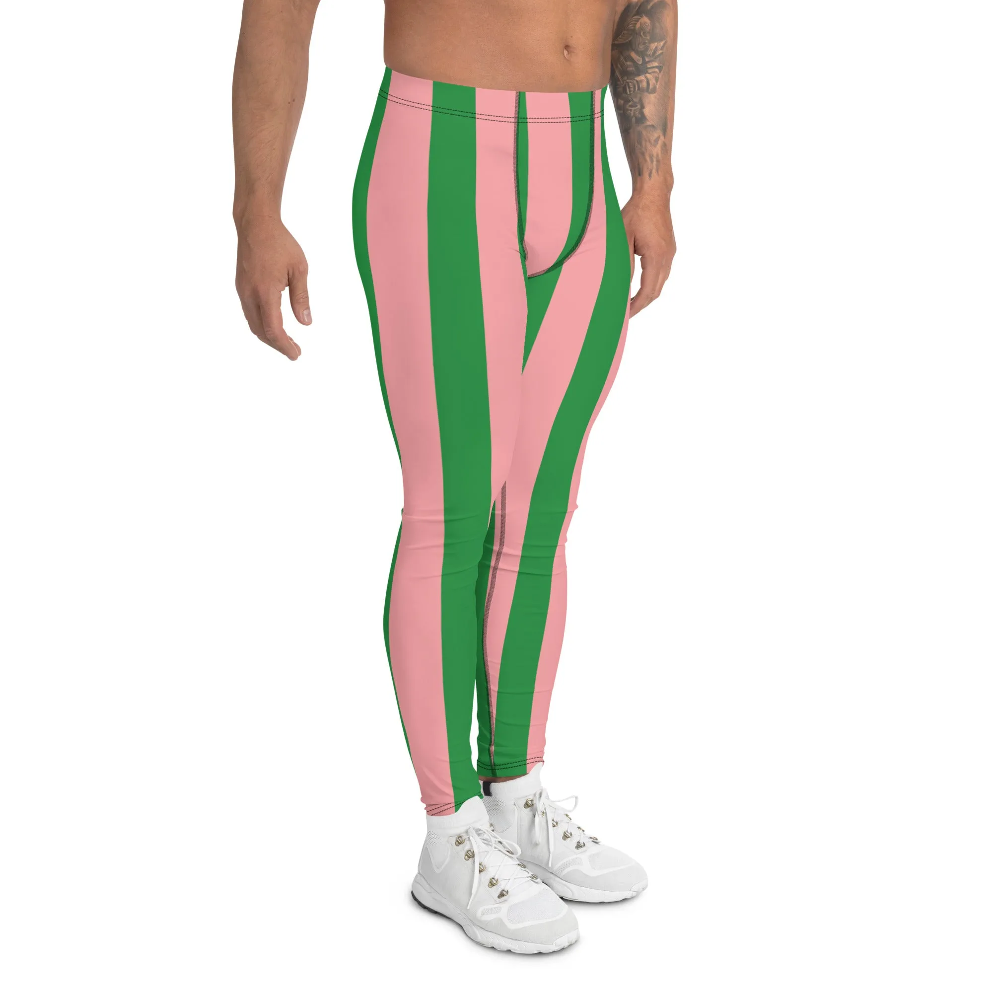 Pale Pink Green Stripes Meggings, Vertically Striped Meggings Running Tights-Made in USA/EU/MX