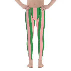 Pale Pink Green Stripes Meggings, Vertically Striped Meggings Running Tights-Made in USA/EU/MX