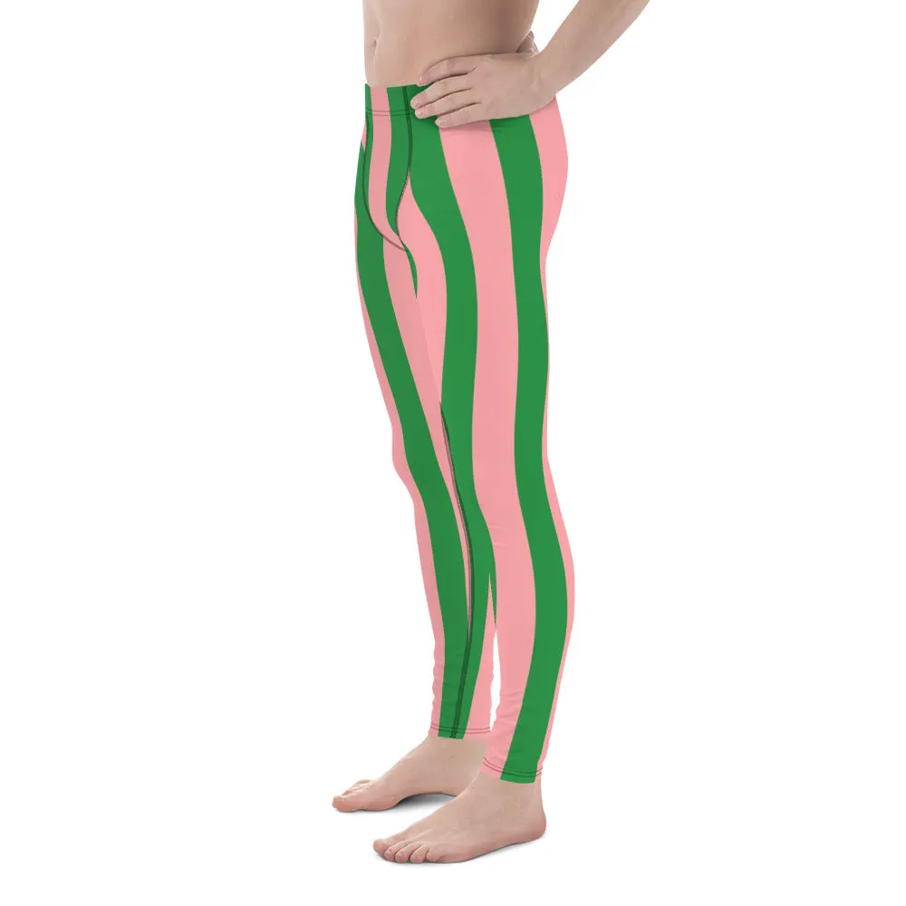 Pale Pink Green Stripes Meggings, Vertically Striped Meggings Running Tights-Made in USA/EU/MX