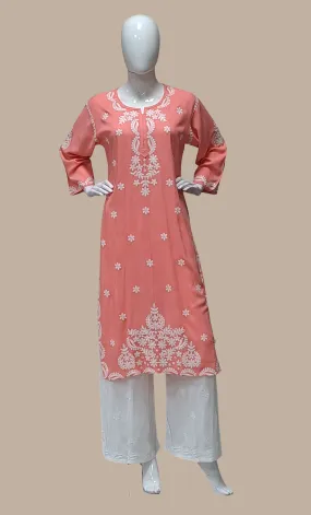 Peach Embroidered Kurti Top & Pants