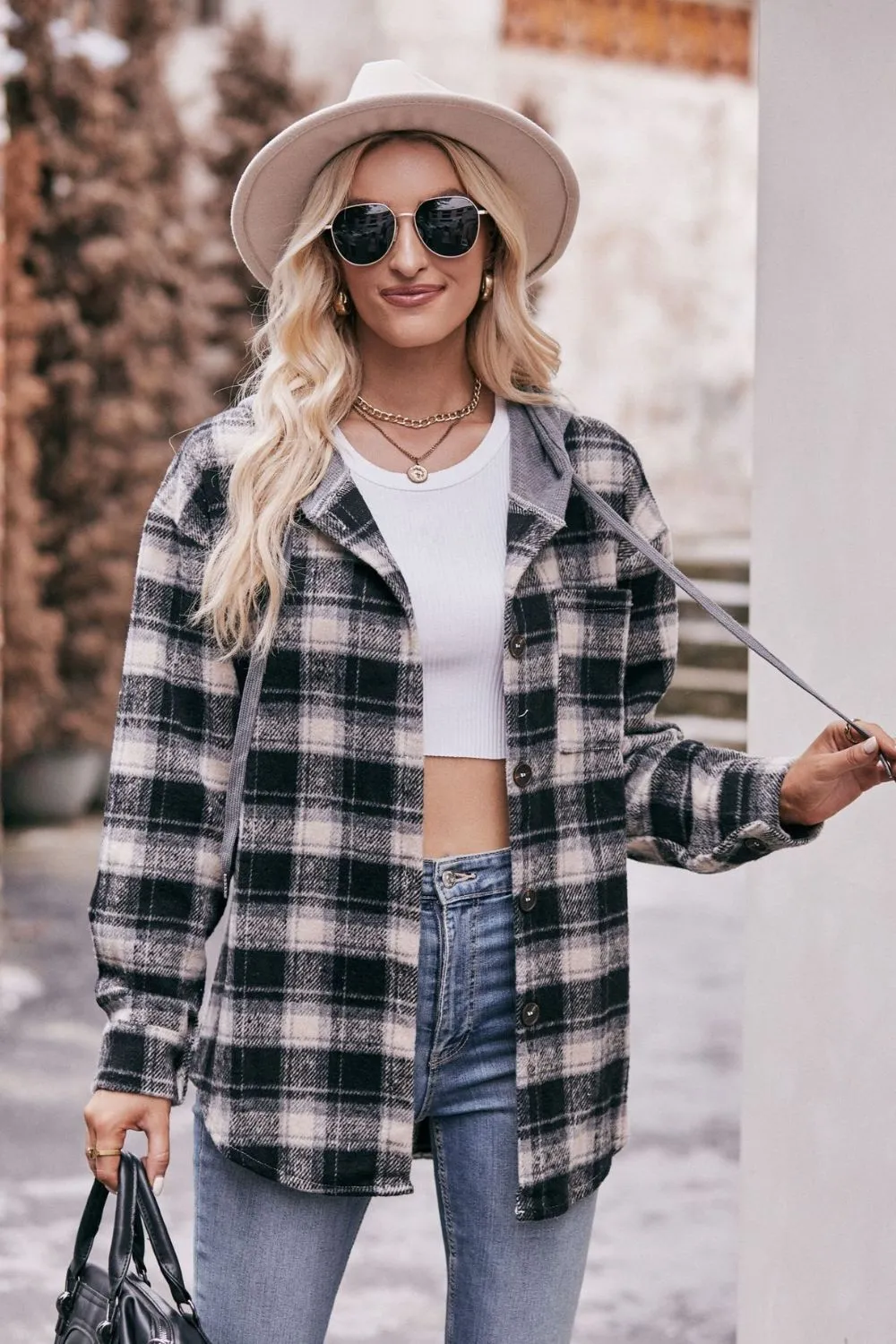 Plaid Dropped Shoulder Hooded Longline Flannel Jacket - 4 colors