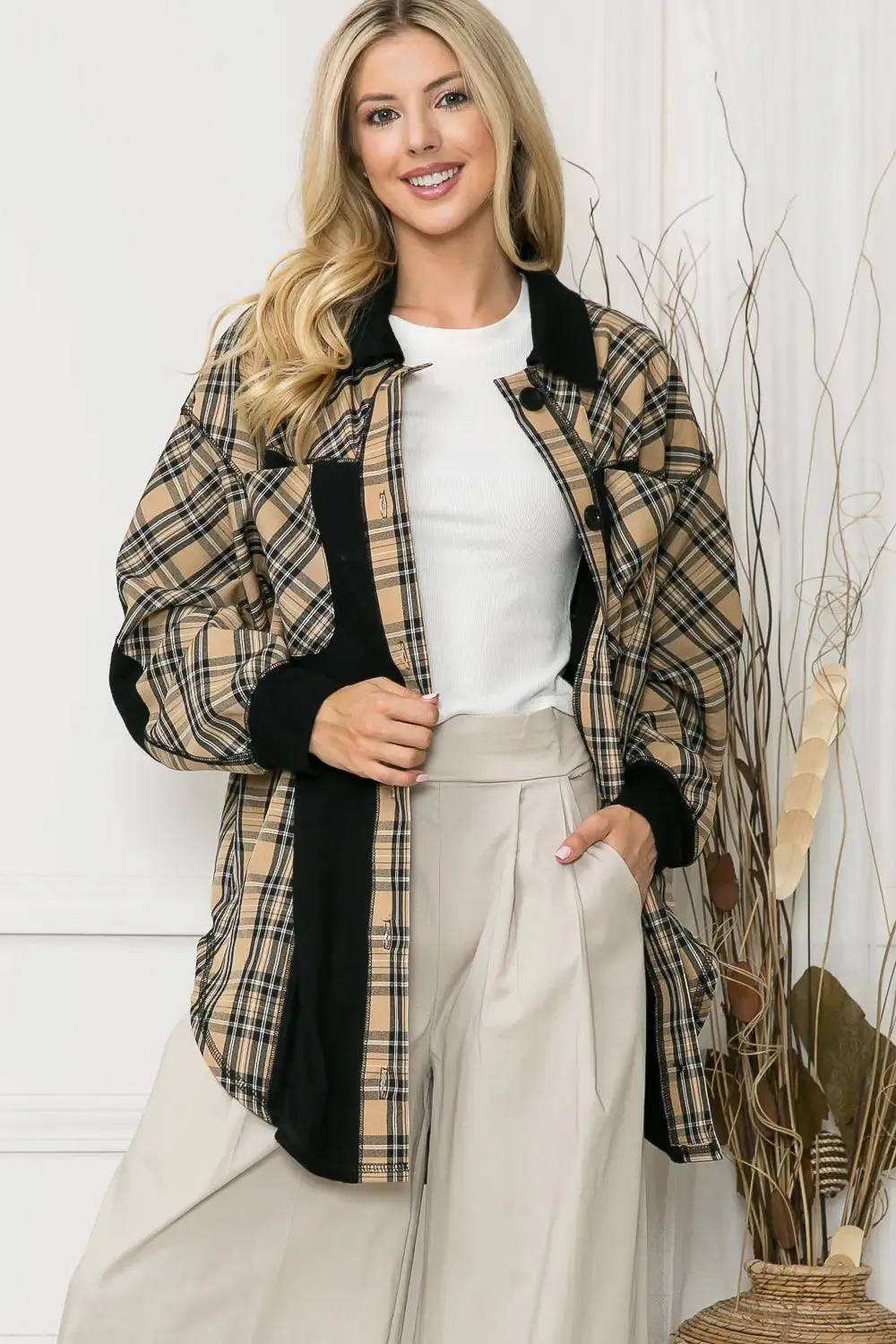 Plaid Oversized Elbow Patch Shacket