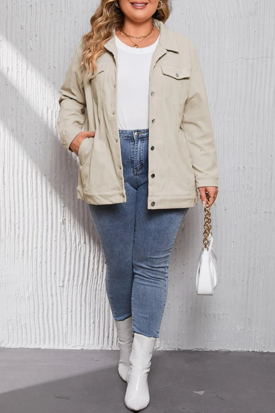 Plus Size Corduroy Buttoned Jacket