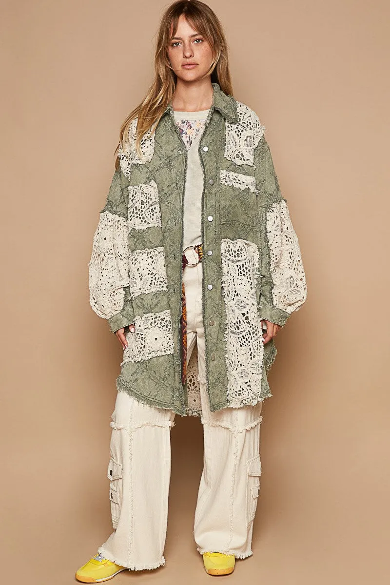 POL OVERSIZED Twill Shacket with Crochet Patches in Olive Multi