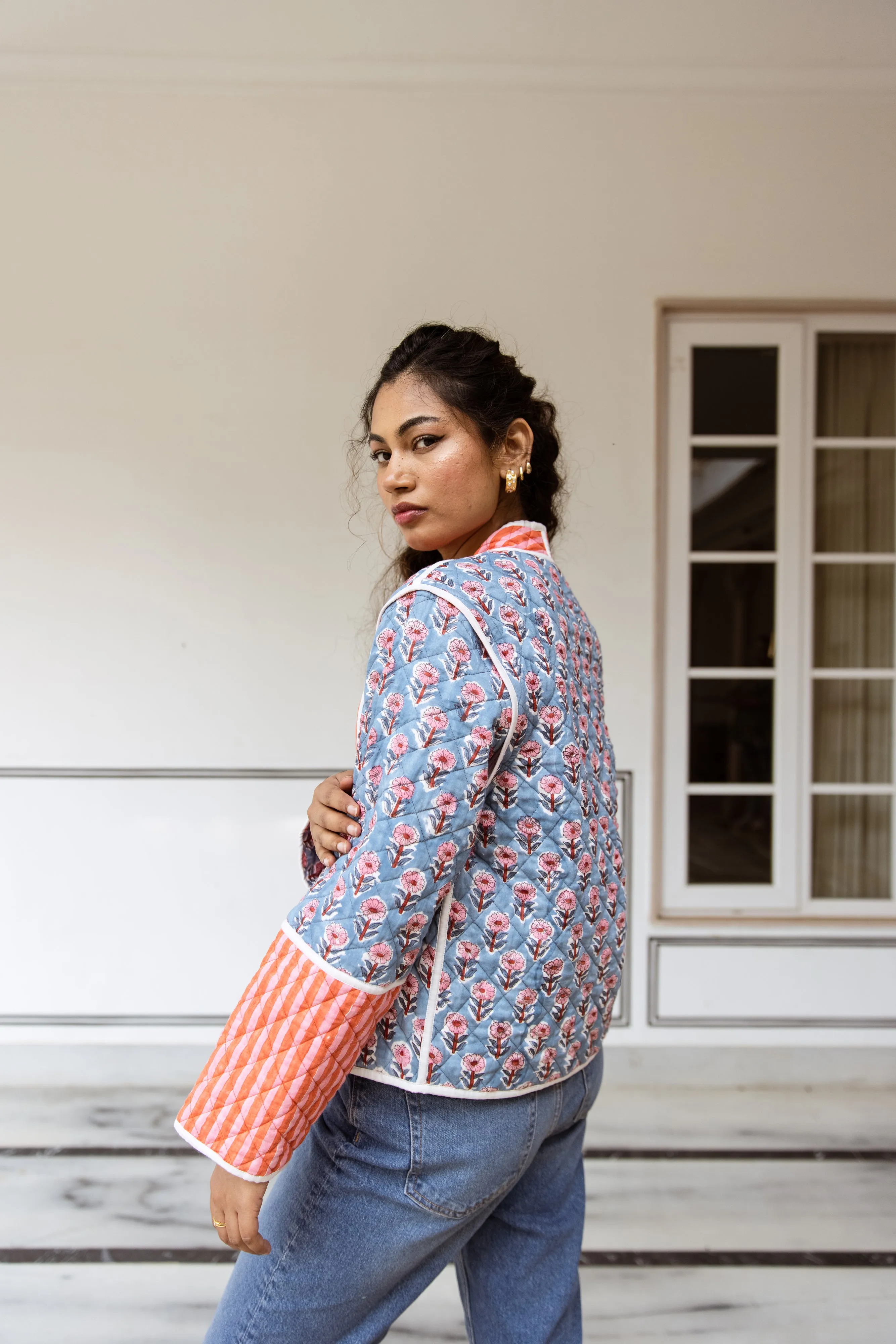 Quilted Jacket & Waistcoat in 1 - Pink Floral and Stripe Print