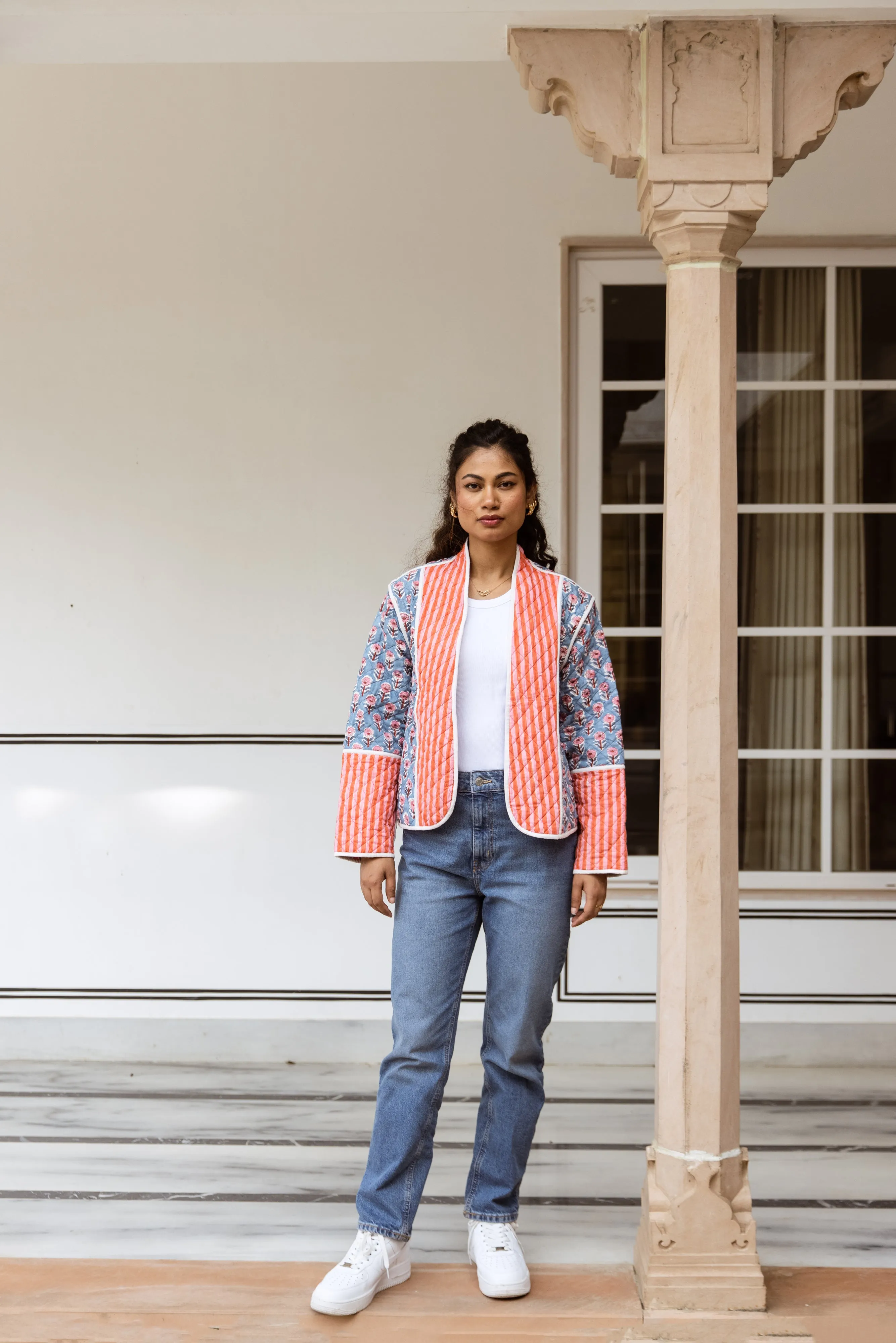 Quilted Jacket & Waistcoat in 1 - Pink Floral and Stripe Print